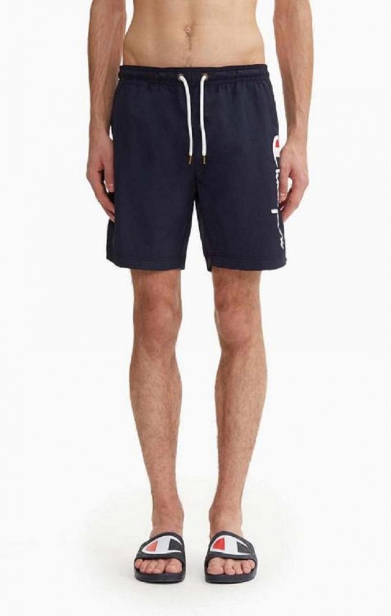 Champion Script Logo Print Board Shorts Erkek Mayo Koyu Mavi | 3740-VFJUL