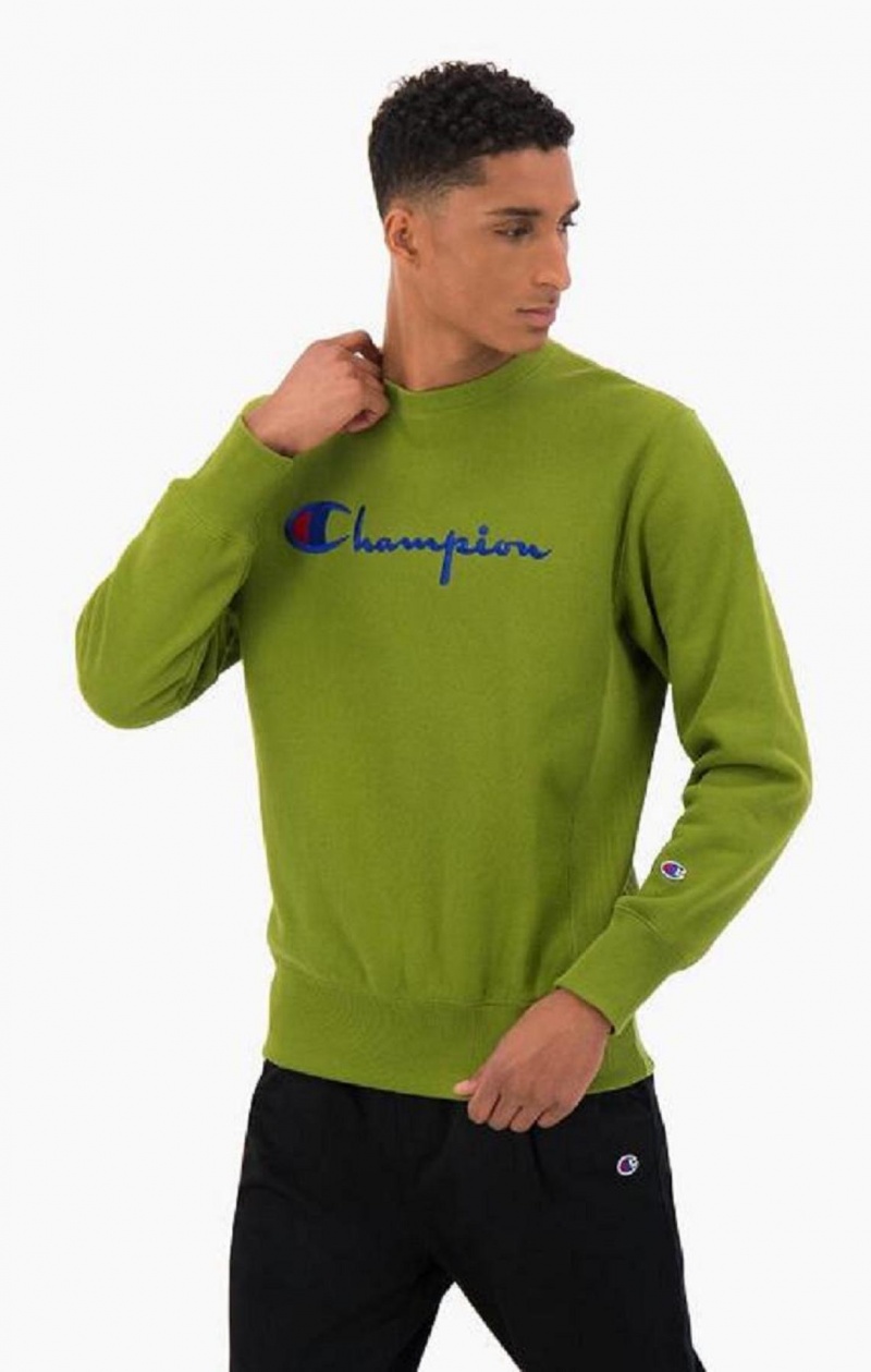 Champion Script Logo Reverse Weave Sweatshirt Erkek Tişörtü Yeşil | 3620-KVPML