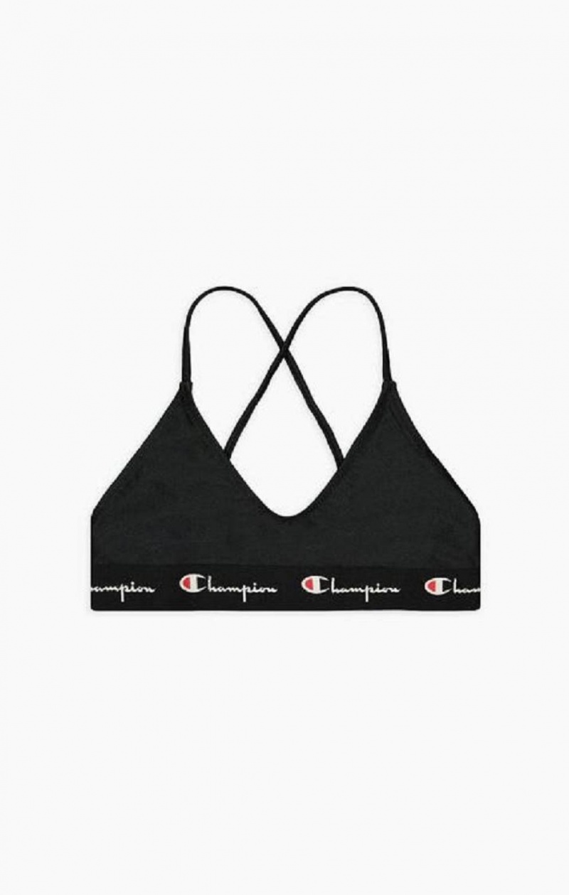 Champion Script Logo Trim Scoop Neck Cross Bikini Top Kadın Mayo Siyah | 2591-JVYLS