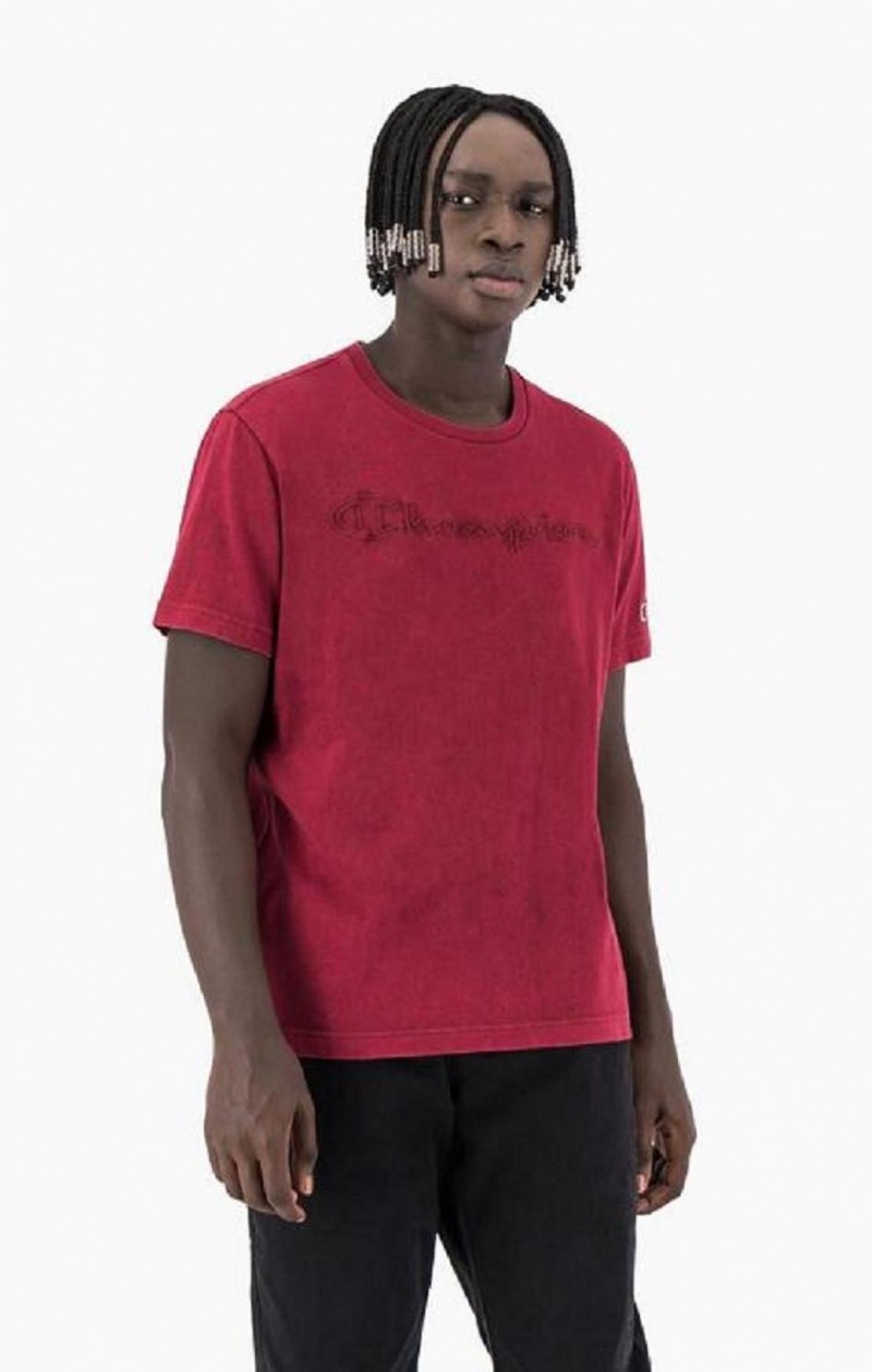 Champion Script Logo Washed T-Shirt Erkek Tişört Bordo | 5428-LSTPU