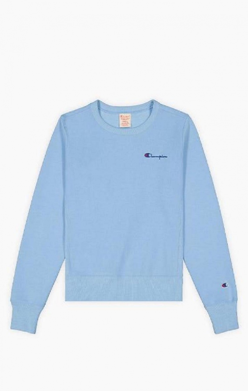 Champion Small Script Logo Reverse Weave Sweatshirt Kadın Tişörtü Açık Mavi | 9574-OPFQS