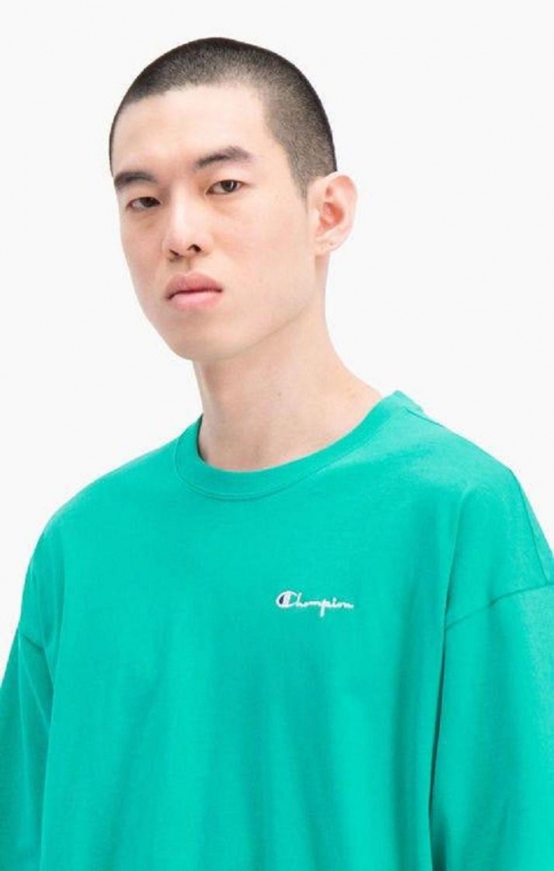 Champion Small Script Logo T-Shirt Erkek Tişört Turkuaz | 9213-VYPZN