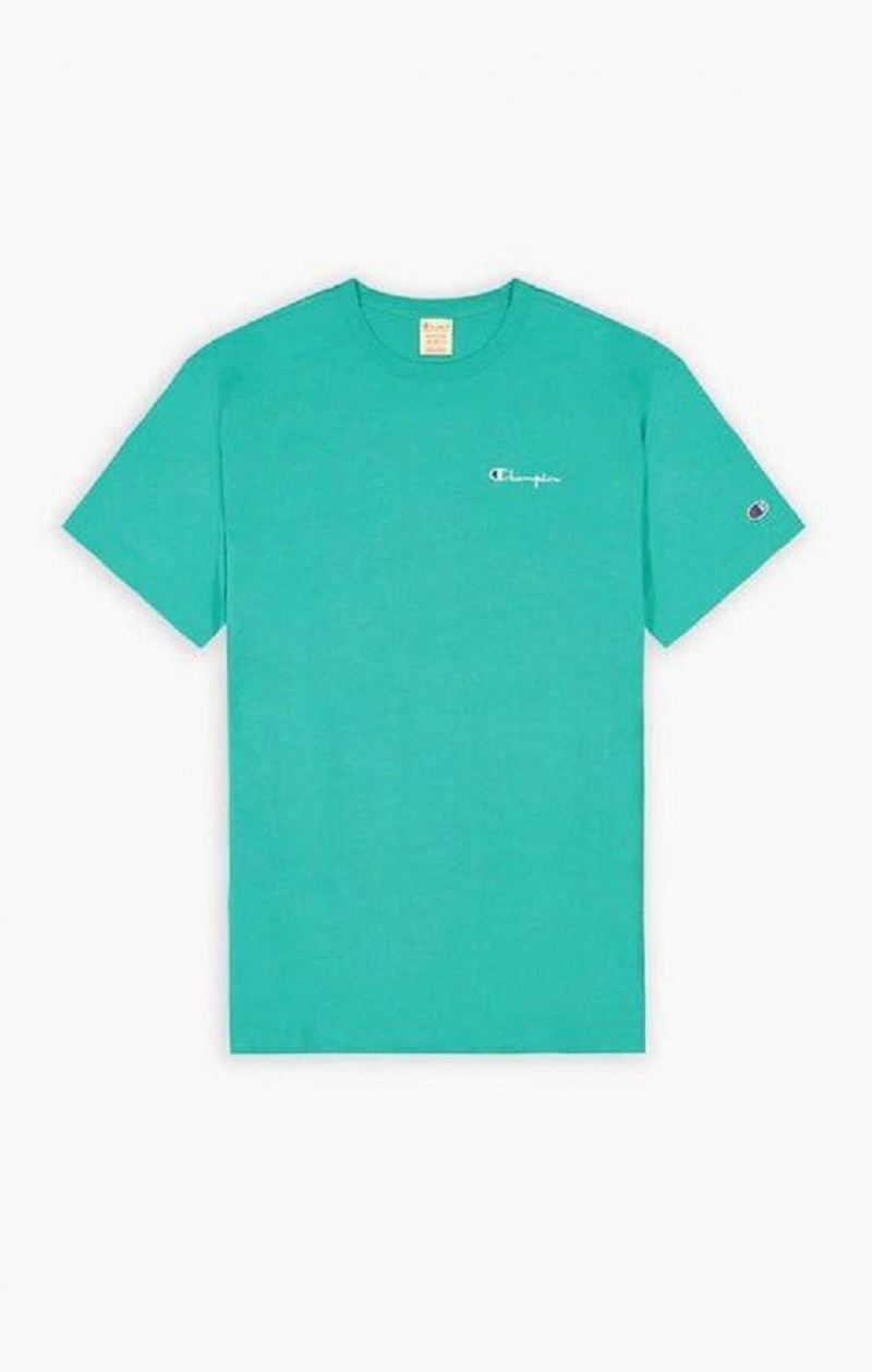 Champion Small Script Logo T-Shirt Erkek Tişört Turkuaz | 9213-VYPZN