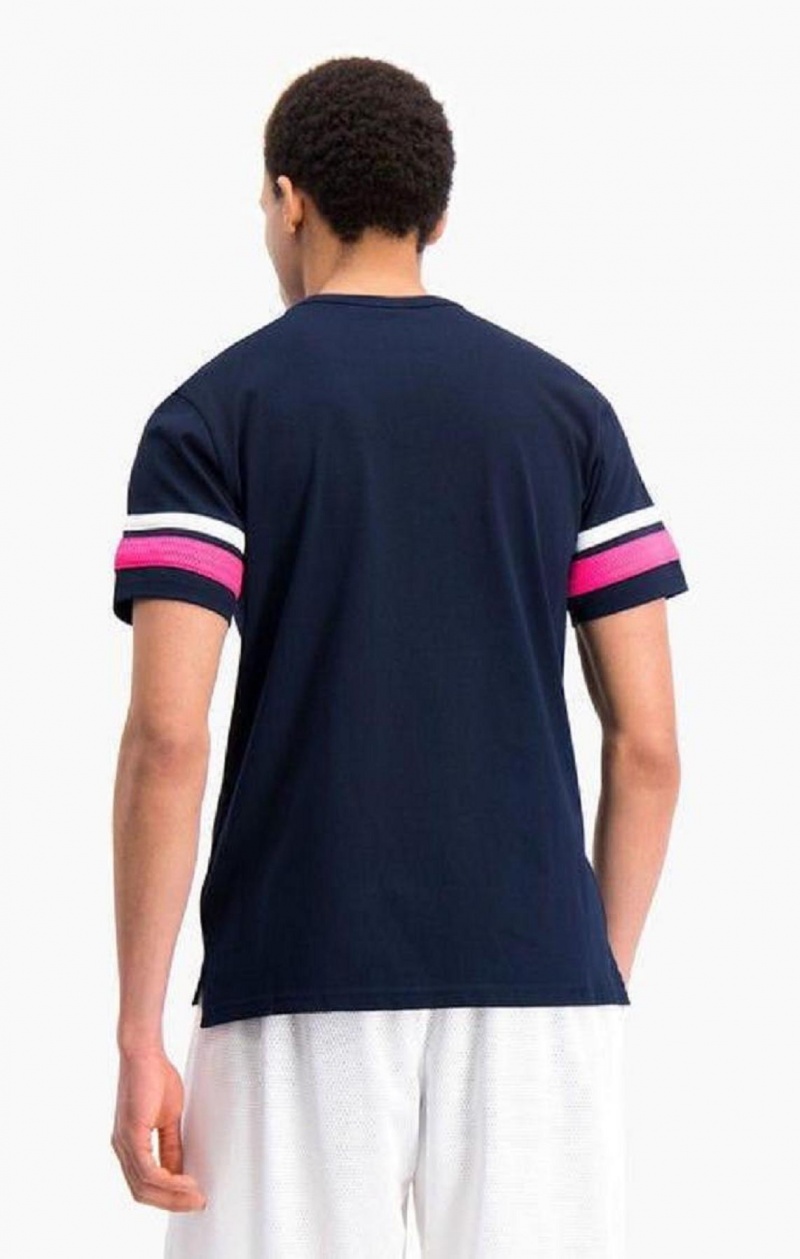 Champion Stripe Detail Script Logo T-Shirt Erkek Tişört Mavi | 1256-HYJTL