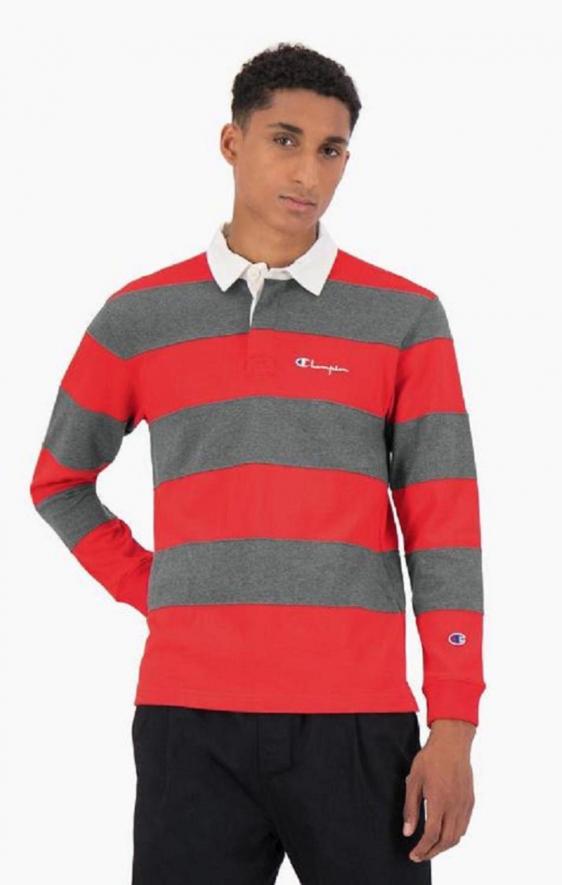 Champion Stripe Pamuklu Jersey Polo Shirt Erkek Tişört Kırmızı | 4325-TOXJQ