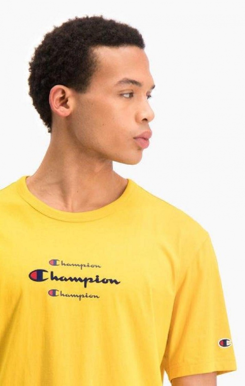 Champion Triple Script Logo T-Shirt Erkek Tişört Altın | 9856-HUQYS