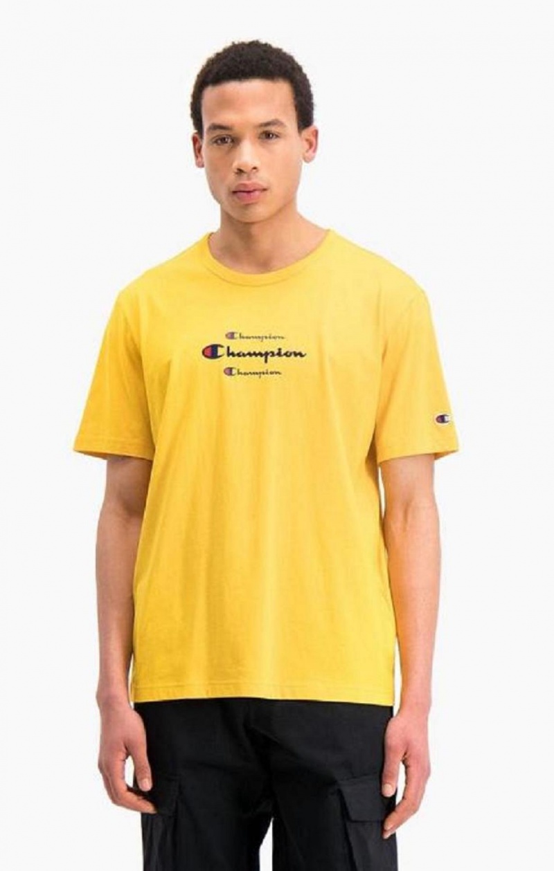 Champion Triple Script Logo T-Shirt Erkek Tişört Altın | 9856-HUQYS