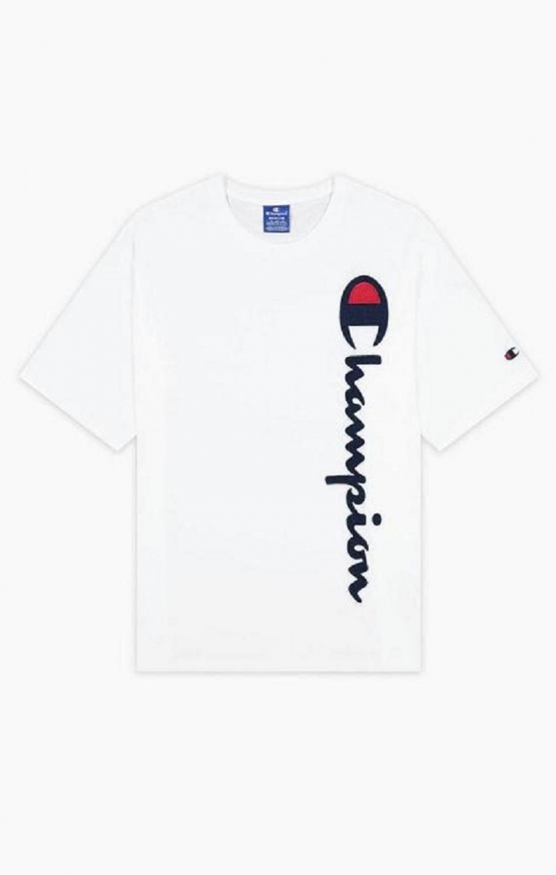 Champion Vertical Script Logo T-Shirt Erkek Tişört Beyaz | 9378-FZLTN