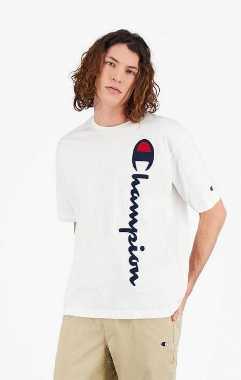 Champion Vertical Script Logo T-Shirt Erkek Tişört Beyaz | 9378-FZLTN