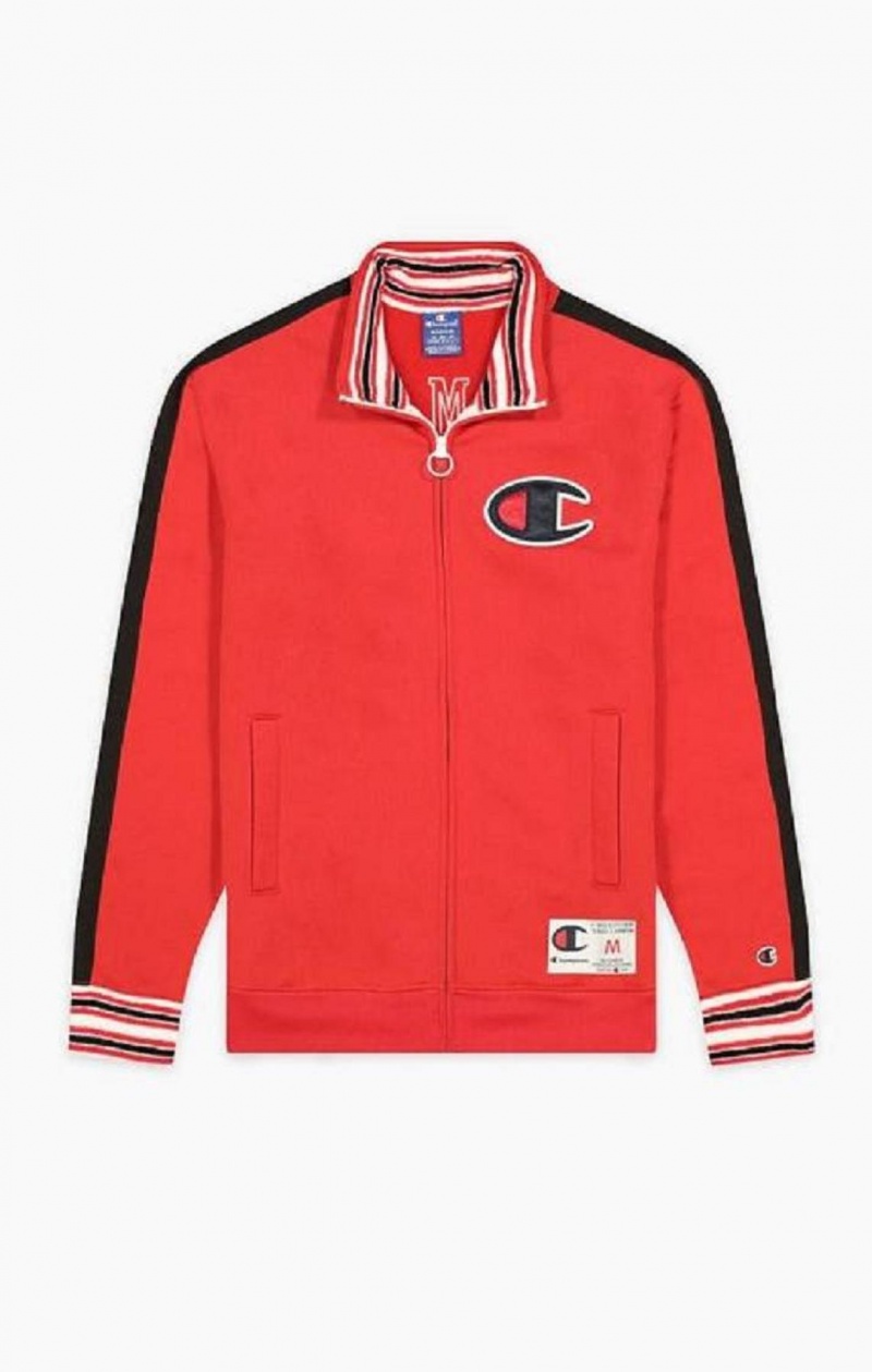 Champion Zip-Up Stripe Sleeve Basketball Sweatshirt Erkek Tişörtü Kırmızı | 5360-IYAHB