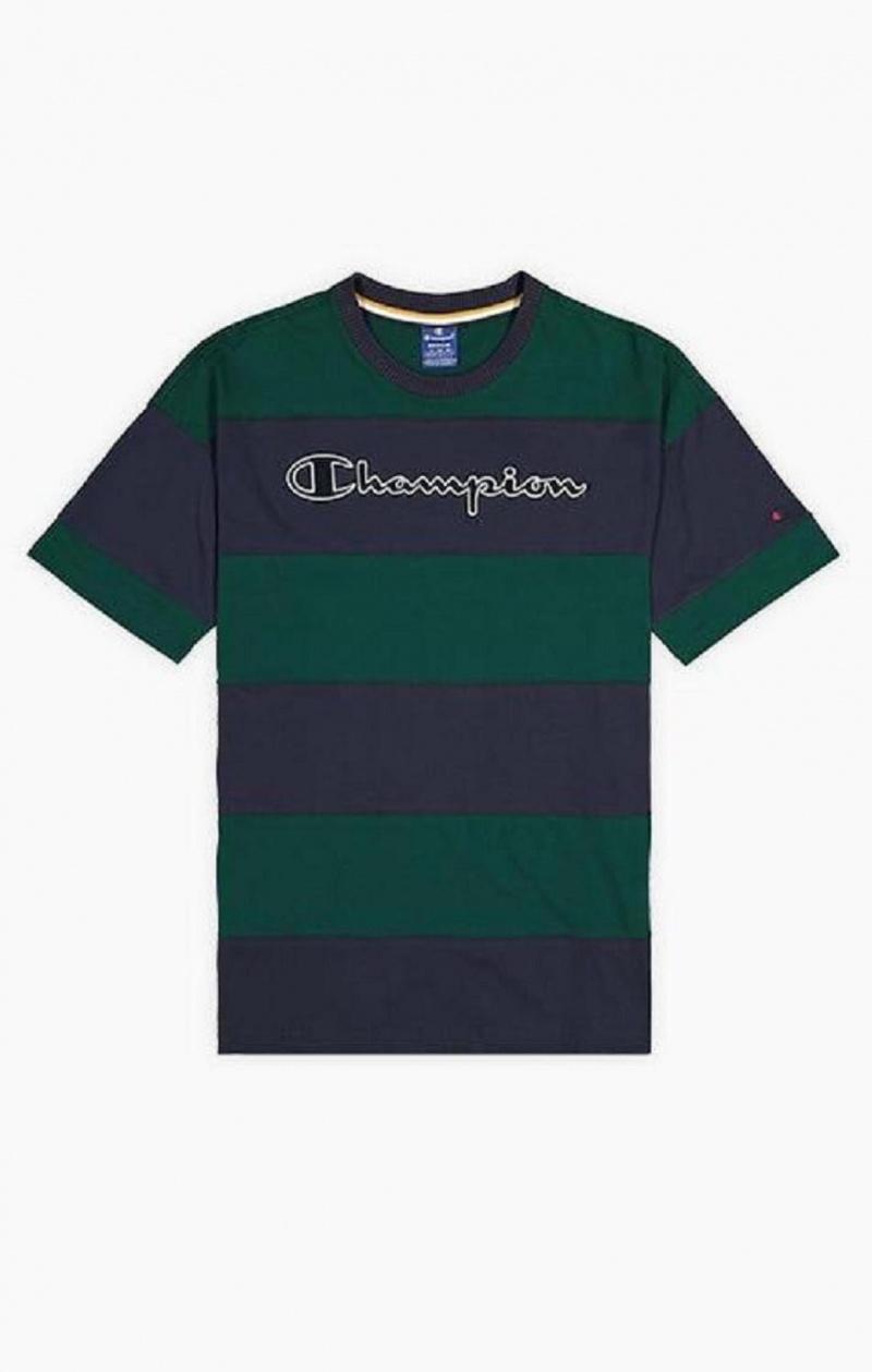 Champion Çizgili Script Logo T-Shirt Erkek Tişört Yeşil | 4108-PNGXC